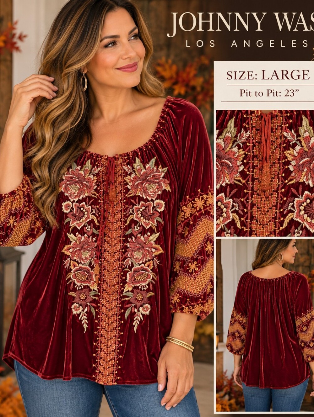 Johnny Was Burgundy Velvet Floral Embroidered Boho Tunic Top Large READ